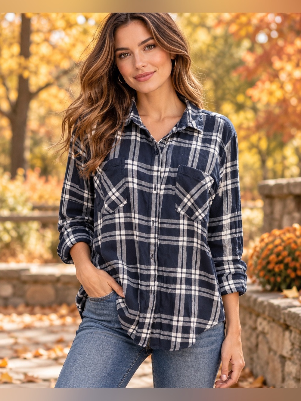 Lucky Brand XL Navy White Plaid Button Down Shirt Oversized Flannel Fall Top